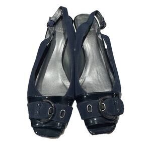 STUART WEITZMAN Black Navy Patent Leather Fabric Buckle Open Toe Pumps Sz 8.5